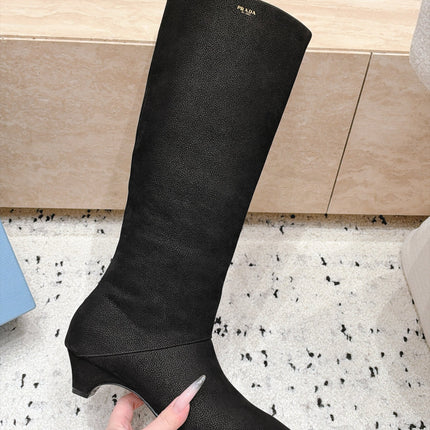 PRADA 26S POINTED TOE KNEE HIGH BOOTS 30MM IN BLACK CALFSKIN