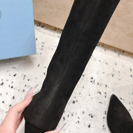 PRADA 26S POINTED TOE KNEE HIGH BOOTS 30MM IN BLACK CALFSKIN