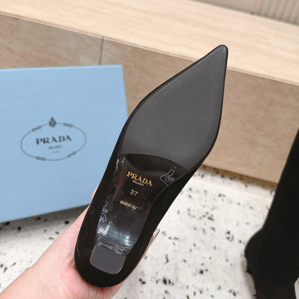PRADA 26S POINTED TOE KNEE HIGH BOOTS 30MM IN BLACK CALFSKIN