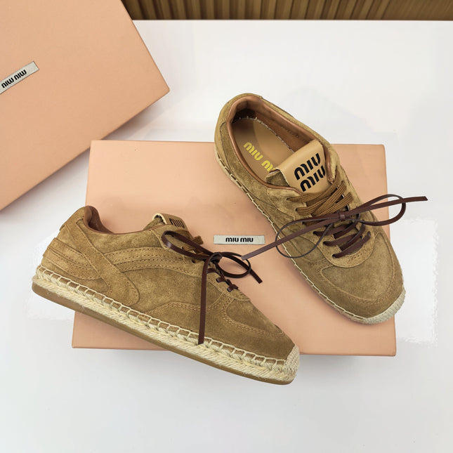 MIUMIU 26S LACE UP ESPADRILLE SNEAKERS IN BROWN SUEDE ROPE SOLE
