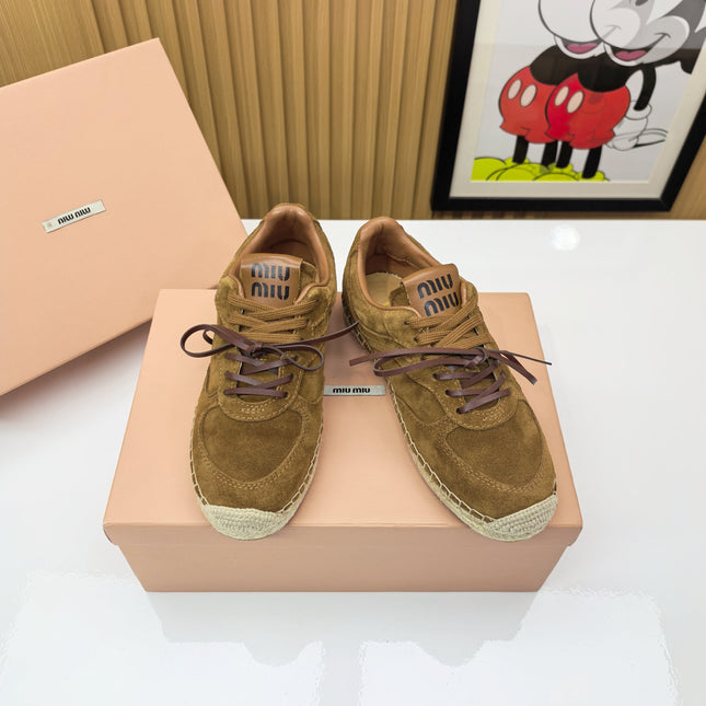 MIUMIU 26S LACE UP ESPADRILLE SNEAKERS IN CARAMEL BROWN SUEDE ROPE SOLE