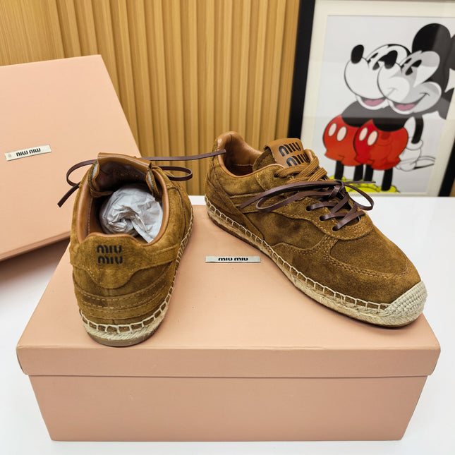 MIUMIU 26S LACE UP ESPADRILLE SNEAKERS IN CARAMEL BROWN SUEDE ROPE SOLE