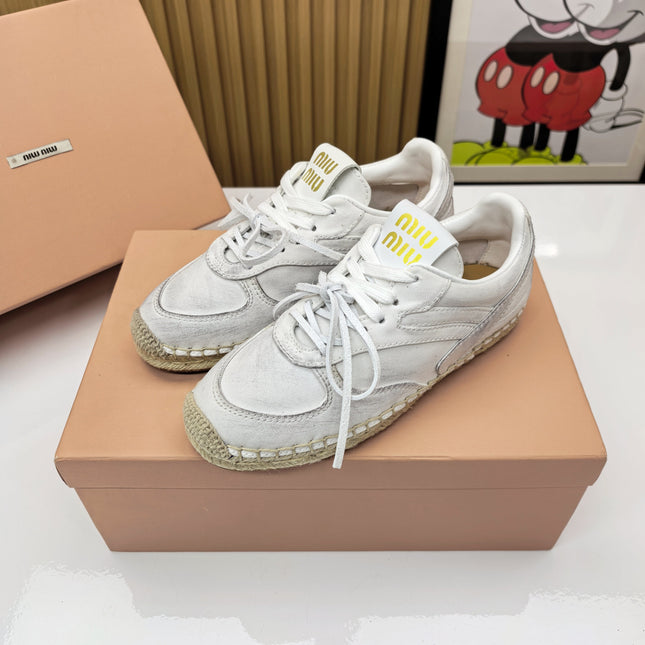 MIUMIU 26S LACE UP ESPADRILLE SNEAKERS IN WHITE CANVAS ROPE SOLE