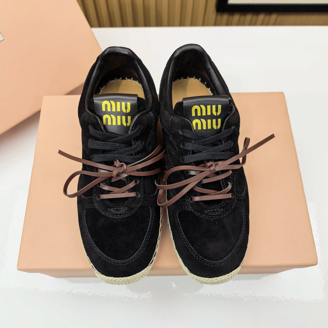 MIUMIU 26S LACE UP ESPADRILLE SNEAKERS IN BLACK SUEDE ROPE SOLE