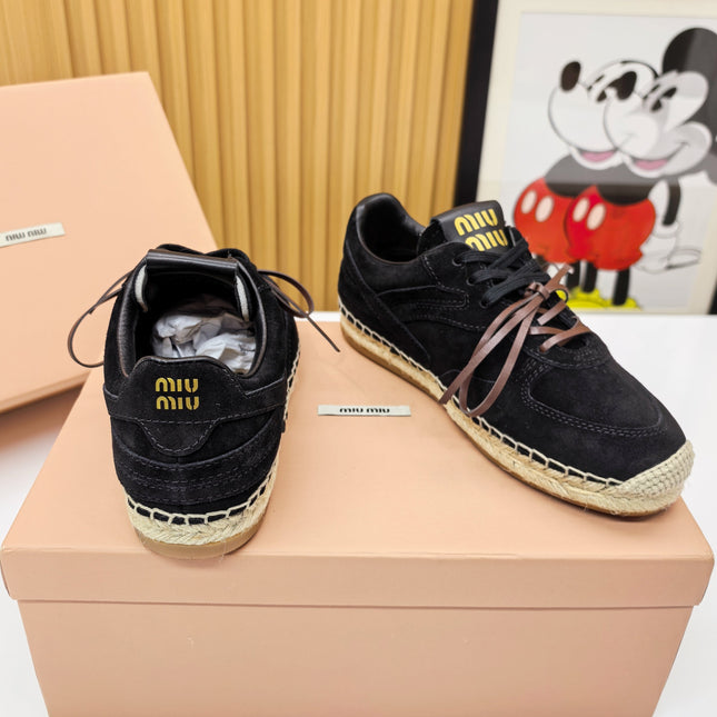 MIUMIU 26S LACE UP ESPADRILLE SNEAKERS IN BLACK SUEDE ROPE SOLE