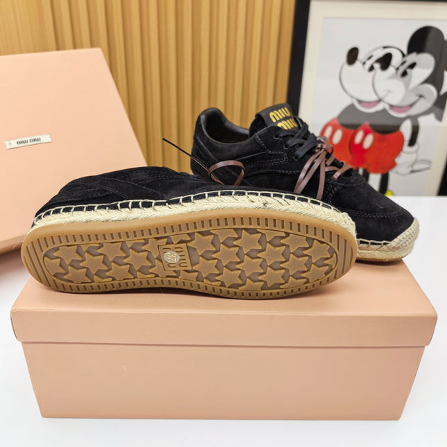 MIUMIU 26S LACE UP ESPADRILLE SNEAKERS IN BLACK SUEDE ROPE SOLE