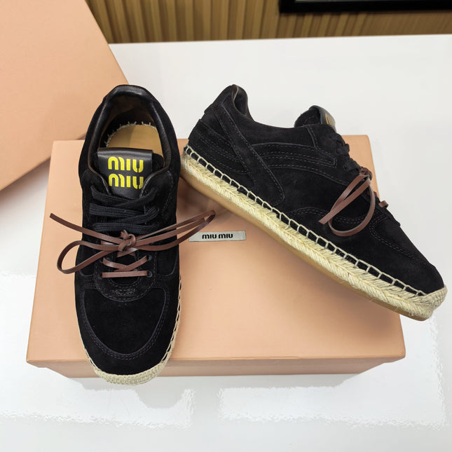 MIUMIU 26S LACE UP ESPADRILLE SNEAKERS IN BLACK SUEDE ROPE SOLE