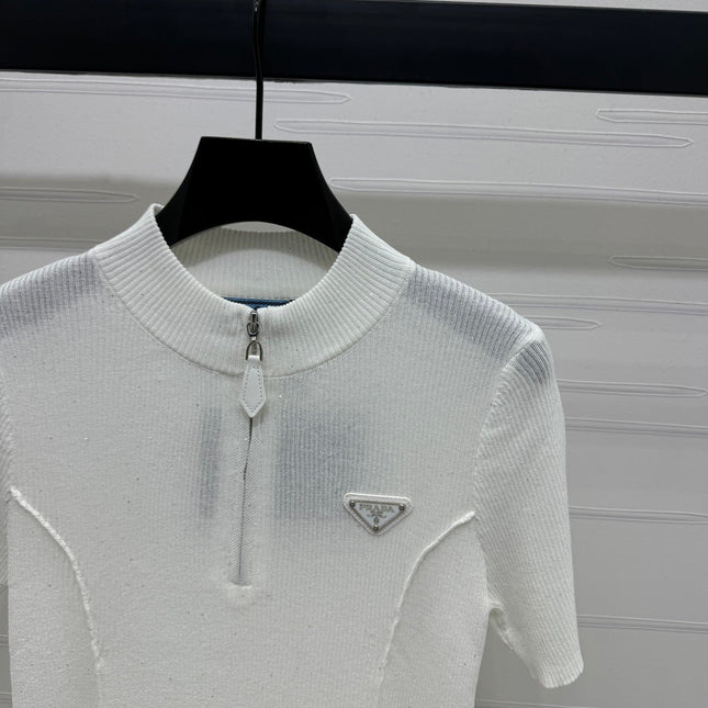 PRADA MOCK NECK SHORT-SLEEVE KNIT TOP WHITE 274815