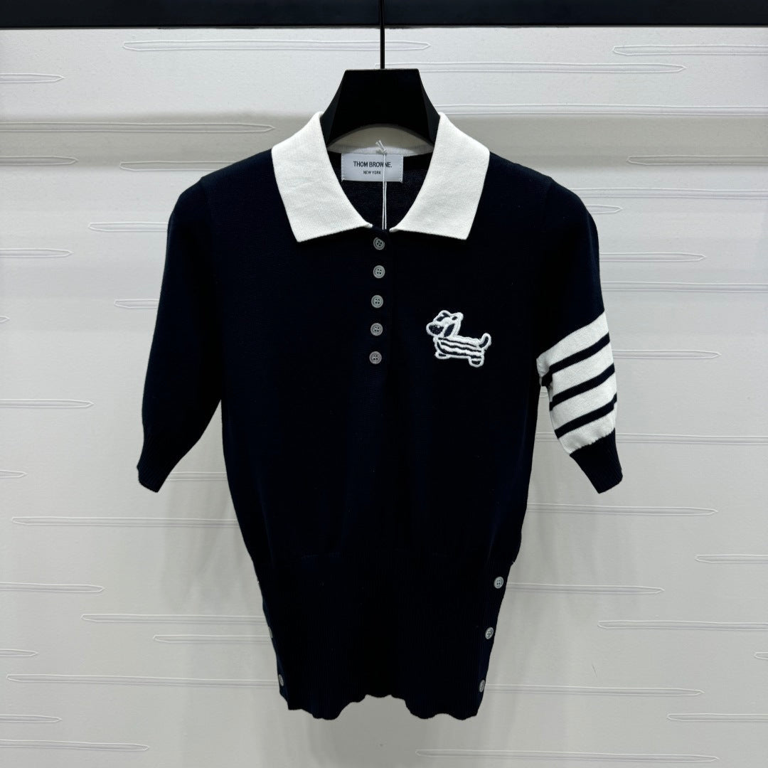 THOM SHORT-SLEEVE KNIT SWEATER WITH EMBROIDERED DOG MOTIF 274850