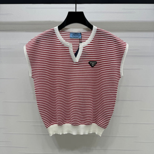 PRAD 25S STRIPED V-NECK KNITTED VEST 264127