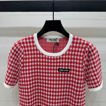 MIUMIU CREW NECK SHORT-SLEEVE PLAID KNIT TOP 274834