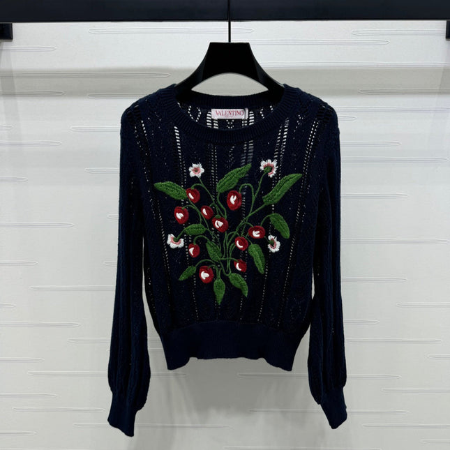 VALENTINO CREW NECK LONG-SLEEVE EMBROIDERED KNIT TOP 274958