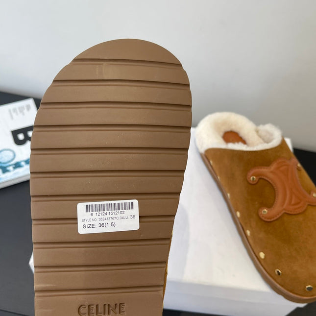 CELINE 26S FUR-LINED MULES IN BROWN SUEDE