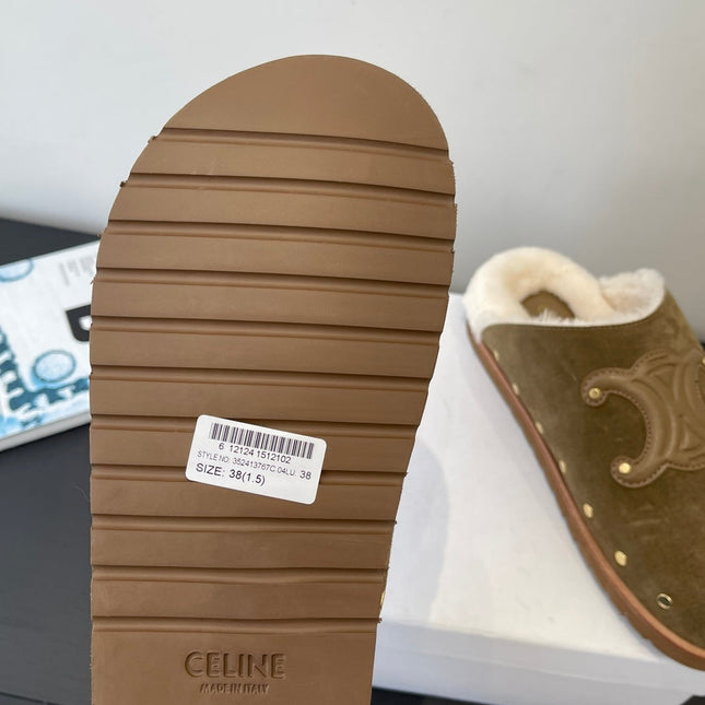 CELINE 26S FUR-LINED MULES IN OLIVE GREEN SUEDE