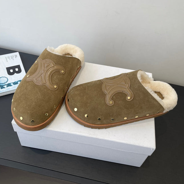 CELINE 26S FUR-LINED MULES IN OLIVE GREEN SUEDE