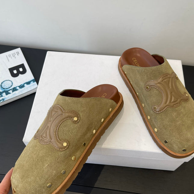 CELINE 26S MULE IN OLIVE GREEN SUEDE