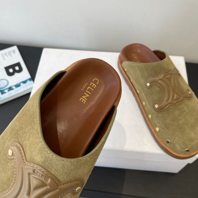 CELINE 26S MULE IN OLIVE GREEN SUEDE