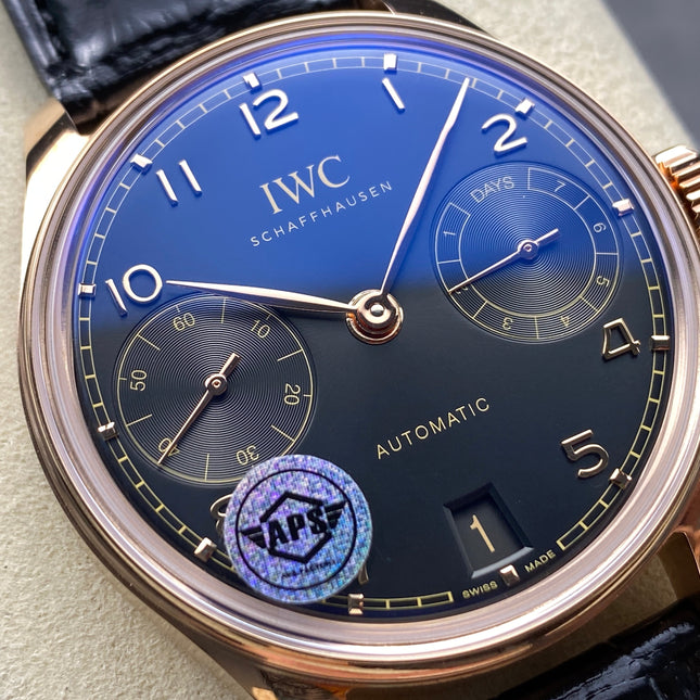 PORTUGIESER AUTOMATIC 42 WATCH ROSE GOLD CASE WITH BLACK DIAL AND LEATHER STRAP