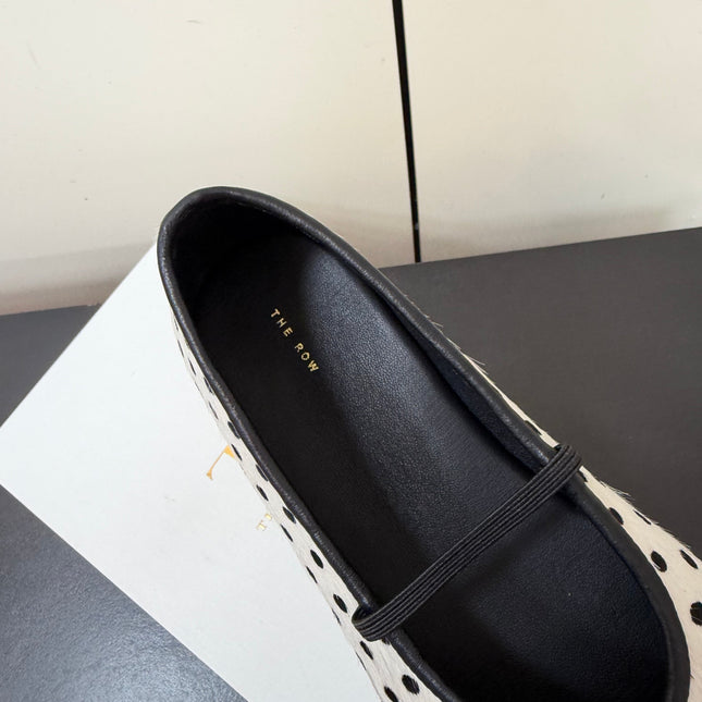 THE ROW 26S BALLET FLATS IN WHITE & BLACK MICRO POLKA DOT CALF HAIR CALFSKIN