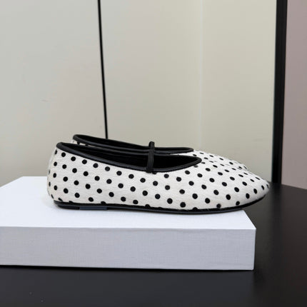 THE ROW 26S BALLET FLATS IN WHITE & BLACK MICRO POLKA DOT CALF HAIR CALFSKIN