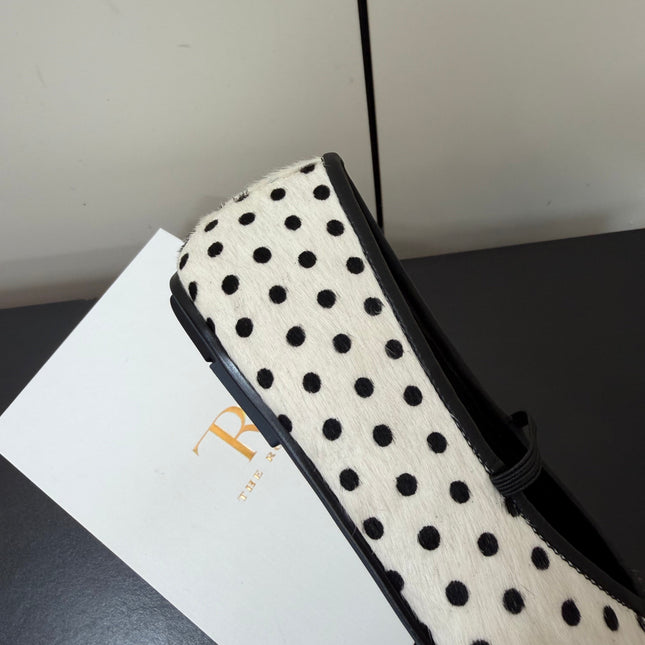 THE ROW 26S BALLET FLATS IN WHITE & BLACK MICRO POLKA DOT CALF HAIR CALFSKIN