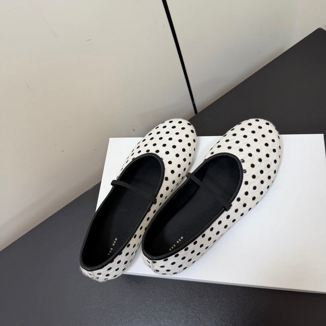 THE ROW 26S BALLET FLATS IN WHITE & BLACK MICRO POLKA DOT CALF HAIR CALFSKIN
