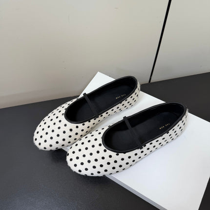 THE ROW 26S BALLET FLATS IN WHITE & BLACK MICRO POLKA DOT CALF HAIR CALFSKIN