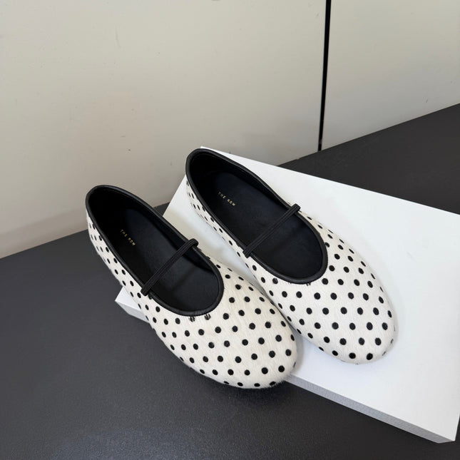 THE ROW 26S BALLET FLATS IN WHITE & BLACK MICRO POLKA DOT CALF HAIR CALFSKIN