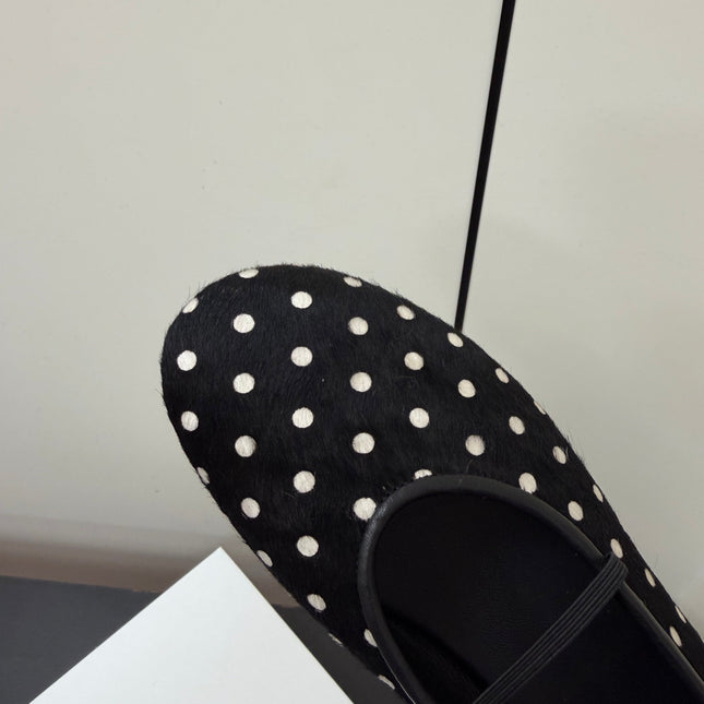 THE ROW 26S BALLET FLATS IN BLACK & WHITE MICRO POLKA DOT CALF HAIR CALFSKIN