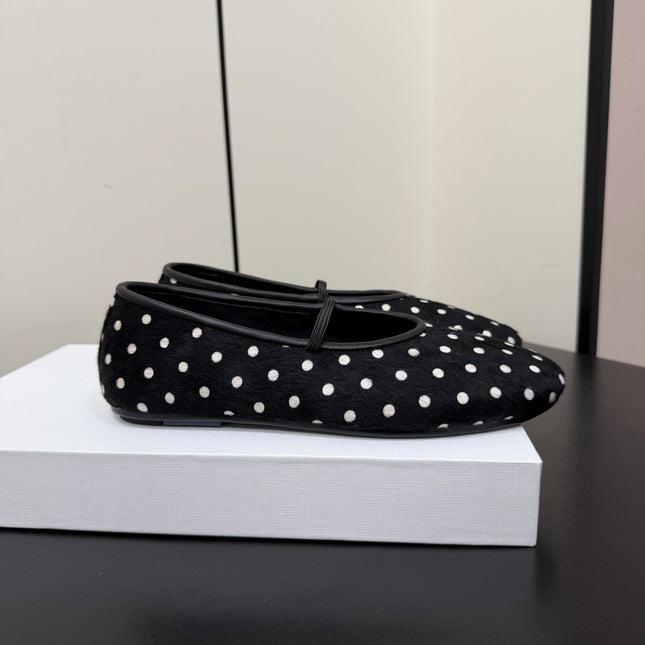THE ROW 26S BALLET FLATS IN BLACK & WHITE MICRO POLKA DOT CALF HAIR CALFSKIN
