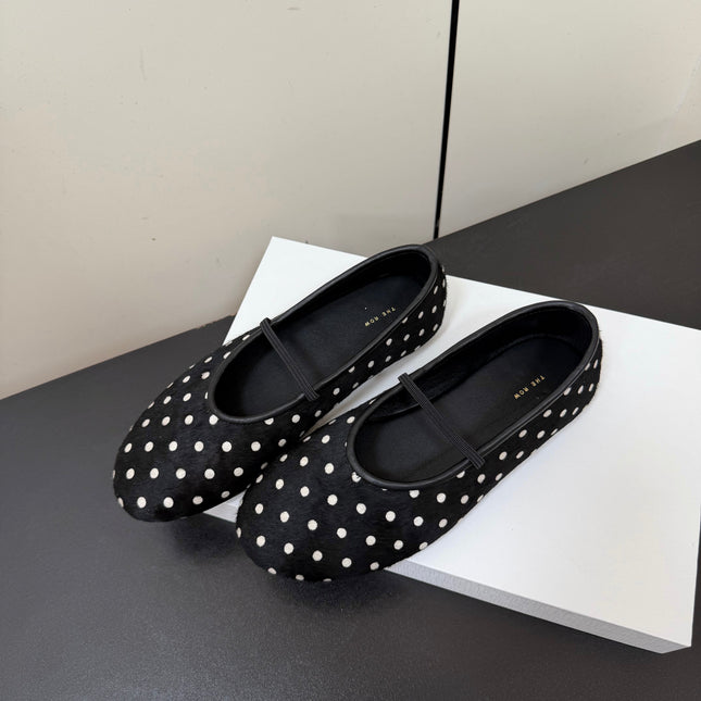 THE ROW 26S BALLET FLATS IN BLACK & WHITE MICRO POLKA DOT CALF HAIR CALFSKIN