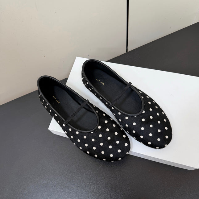THE ROW 26S BALLET FLATS IN BLACK & WHITE MICRO POLKA DOT CALF HAIR CALFSKIN