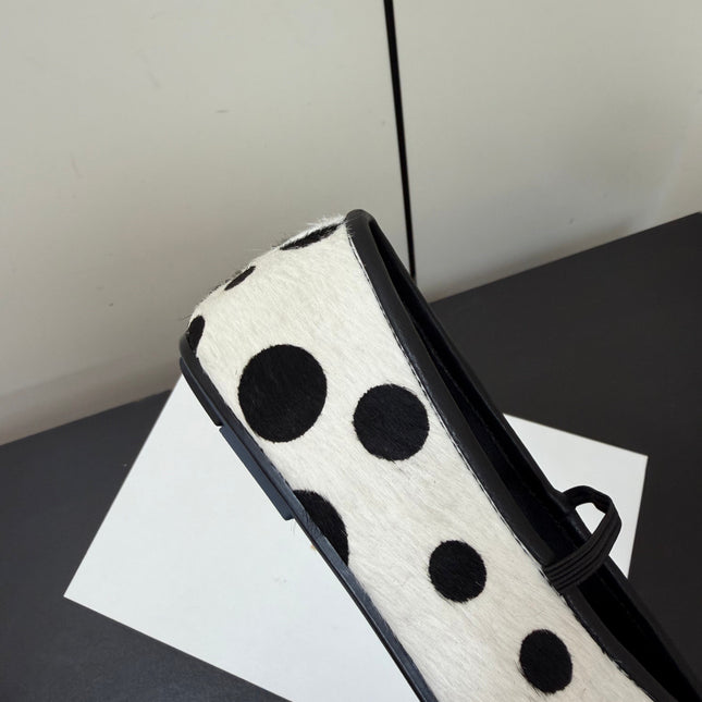 THE ROW 26S BALLET FLATS IN WHITE & BLACK POLKA DOT CALF HAIR CALFSKIN