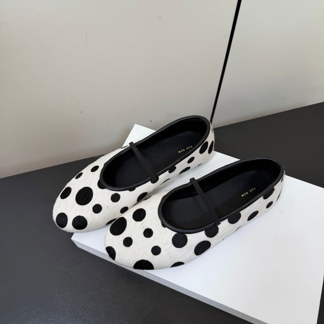 THE ROW 26S BALLET FLATS IN WHITE & BLACK POLKA DOT CALF HAIR CALFSKIN