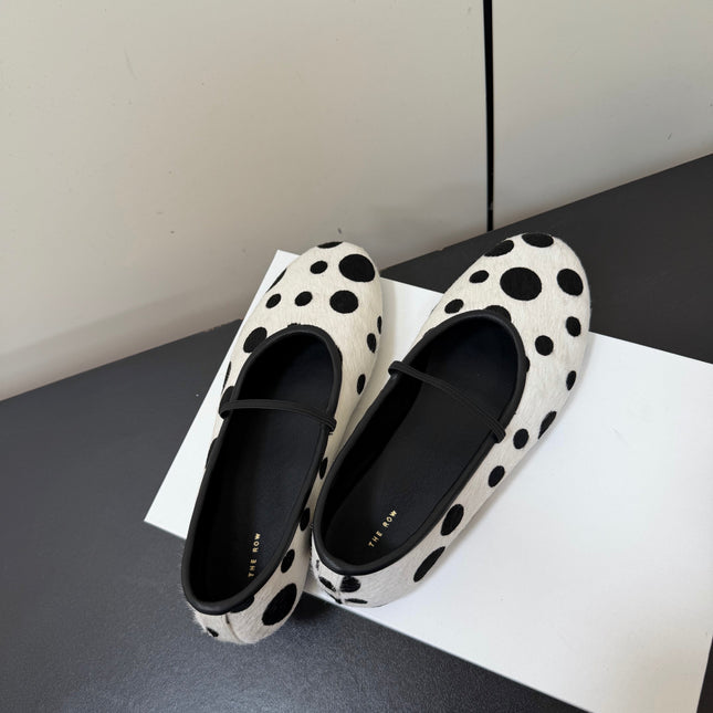 THE ROW 26S BALLET FLATS IN WHITE & BLACK POLKA DOT CALF HAIR CALFSKIN