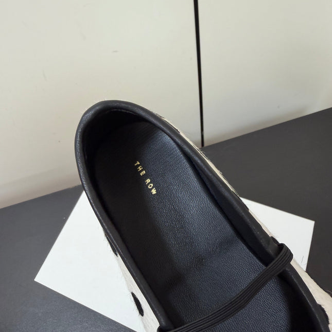 THE ROW 26S BALLET FLATS IN WHITE & BLACK POLKA DOT CALF HAIR CALFSKIN