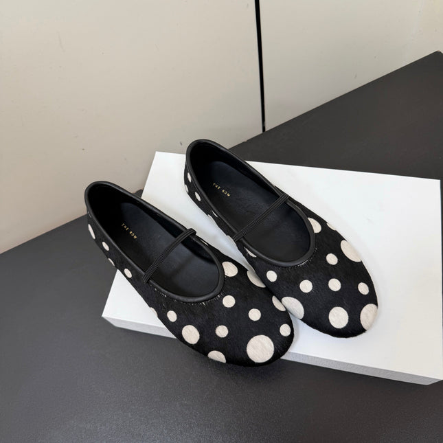 THE ROW 26S BALLET FLATS IN BLACK & WHITE POLKA DOT CALF HAIR CALFSKIN