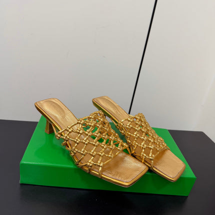 BOTTEGA VENETA 26S WOVEN STRAP HIGH-HEEL SANDALS 55 MM IN GOLD LAMBSKIN