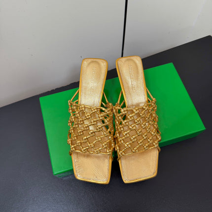 BOTTEGA VENETA 26S WOVEN STRAP HIGH-HEEL SANDALS 55 MM IN GOLD LAMBSKIN