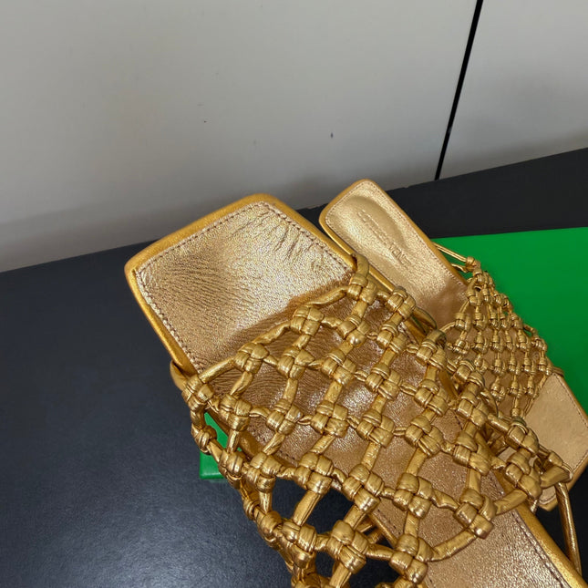 BOTTEGA VENETA 26S WOVEN STRAP HIGH-HEEL SANDALS 55 MM IN GOLD LAMBSKIN