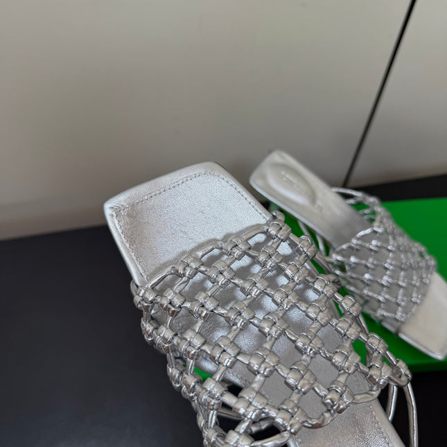 BOTTEGA VENETA 26S WOVEN STRAP HIGH-HEEL SANDALS 55 MM IN SILVER LAMBSKIN