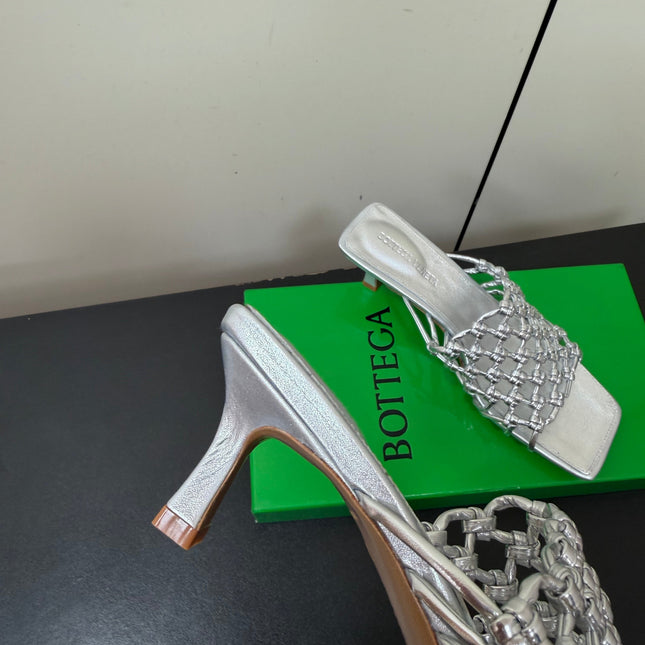 BOTTEGA VENETA 26S WOVEN STRAP HIGH-HEEL SANDALS 55 MM IN SILVER LAMBSKIN