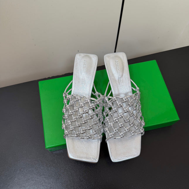 BOTTEGA VENETA 26S WOVEN STRAP HIGH-HEEL SANDALS 55 MM IN SILVER LAMBSKIN