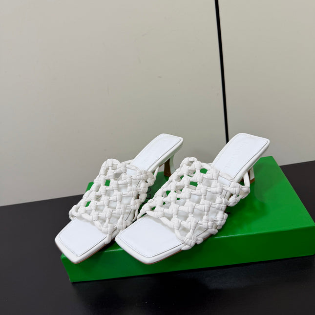 BOTTEGA VENETA 26S WOVEN STRAP HIGH-HEEL SANDALS 55 MM IN WHITE LAMBSKIN