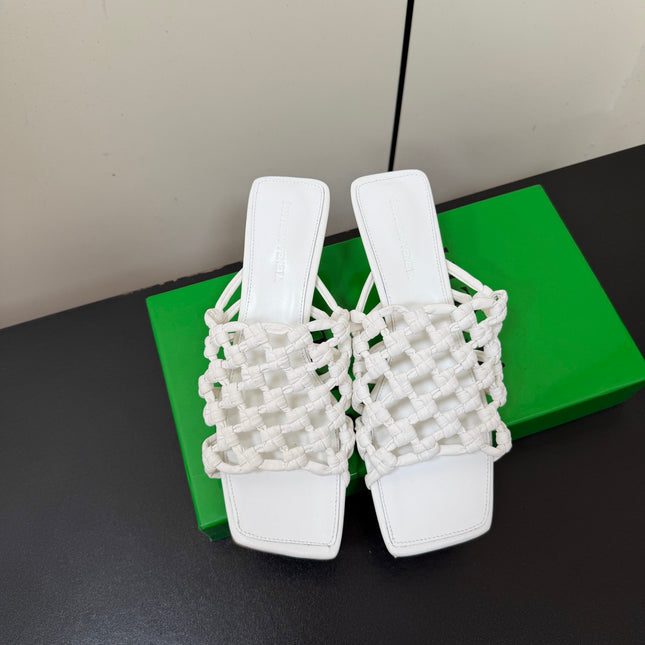 BOTTEGA VENETA 26S WOVEN STRAP HIGH-HEEL SANDALS 55 MM IN WHITE LAMBSKIN