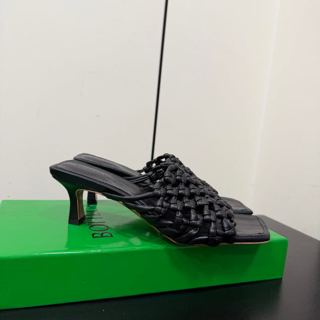 BOTTEGA VENETA 26S WOVEN STRAP HIGH-HEEL SANDALS 55 MM IN BLACK LAMBSKIN