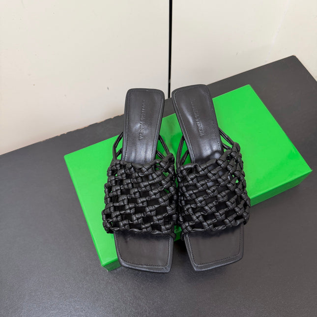 BOTTEGA VENETA 26S WOVEN STRAP HIGH-HEEL SANDALS 55 MM IN BLACK LAMBSKIN