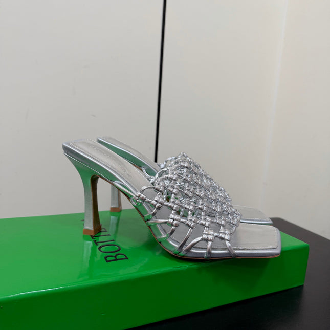 BOTTEGA VENETA 26S WOVEN STRAP HIGH-HEEL SANDALS 85 MM IN SILVER LAMBSKIN