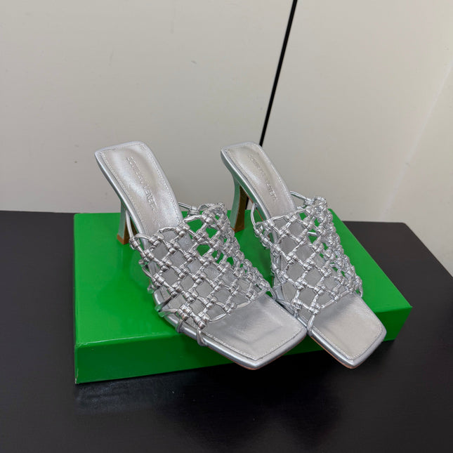 BOTTEGA VENETA 26S WOVEN STRAP HIGH-HEEL SANDALS 85 MM IN SILVER LAMBSKIN