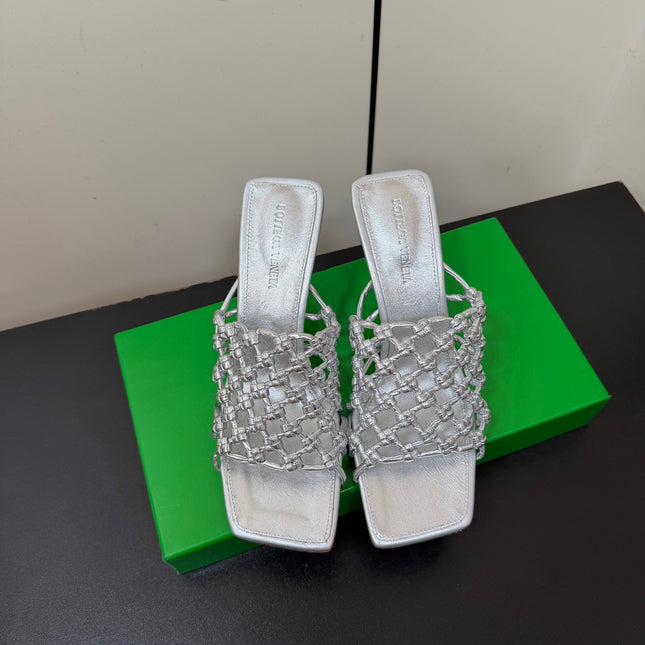 BOTTEGA VENETA 26S WOVEN STRAP HIGH-HEEL SANDALS 85 MM IN SILVER LAMBSKIN